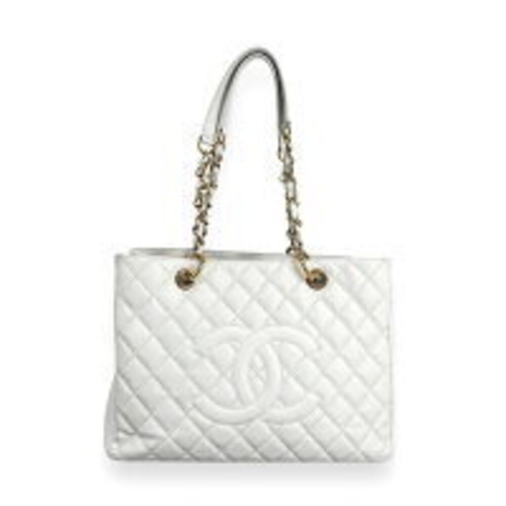 CHANEL GST Caviar Leather Chain Tote Bag White Deca Coco Shoulder